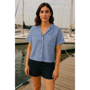Old Navy Shirt Women’s Sz L Blue White Striped Short Sleeve Button Up Blouse